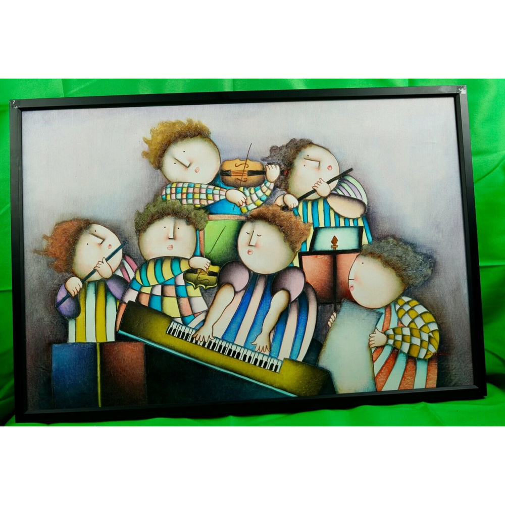 J. Roybal Whimsical Young Orchestra Oil Painting Framed Canvas 36x24 signed